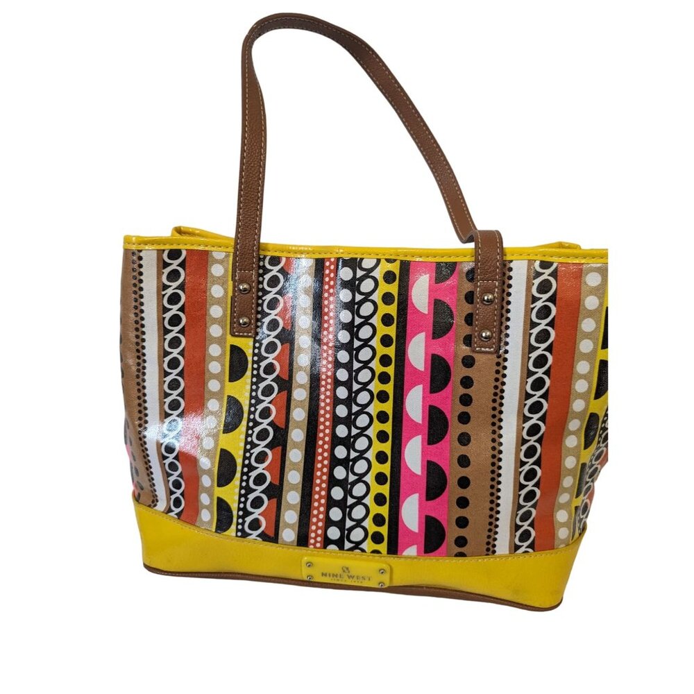 Nine West‎ Yellow Tote Bag With Geometric Striped Pattern Faux Leather Colorful
